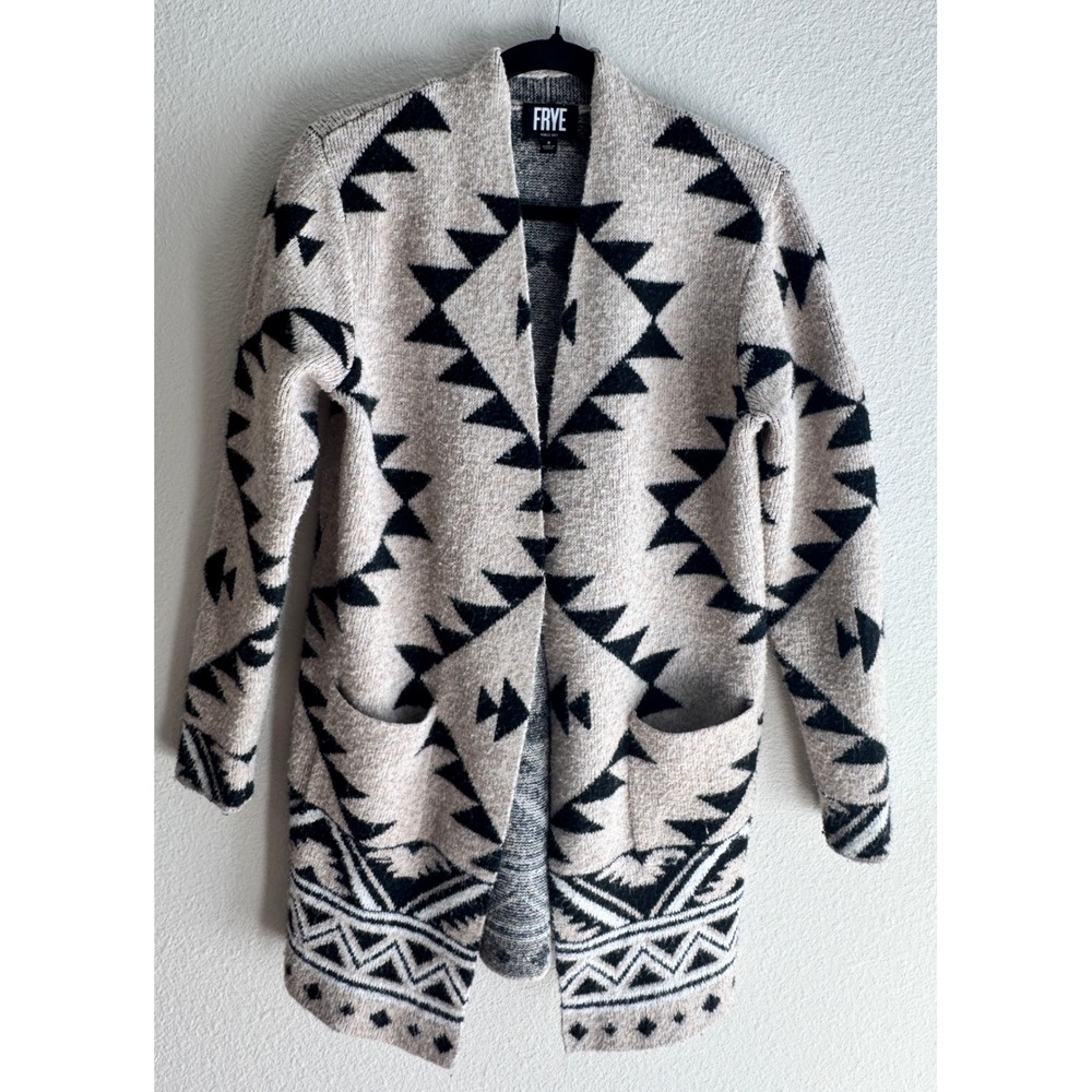 Frye Jacquard Open Front Cardigan Cream Black Heavyweight Knit Pockets Women's S